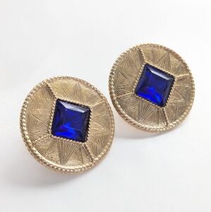 Vintage Gold Tone 80s Glam Geometric Chunky Blue Rhinestone Clip On Earrings